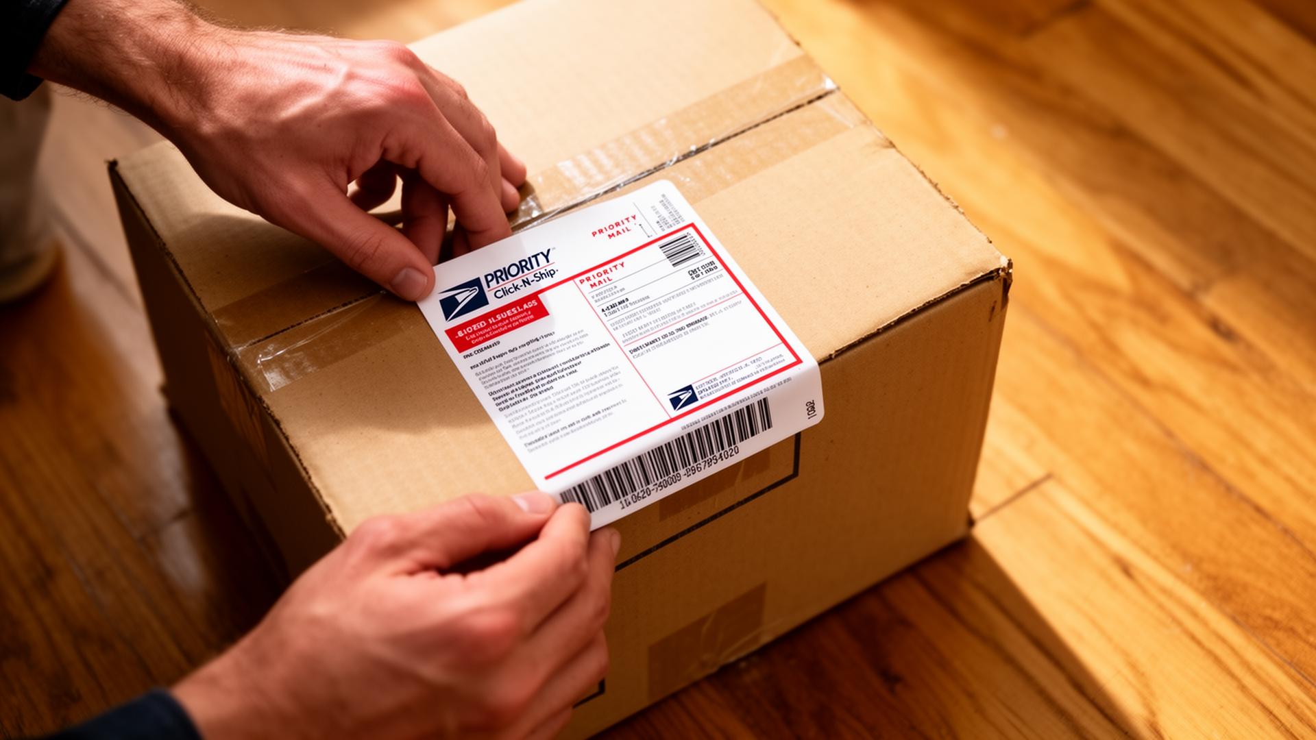 Person preparing a Priority Mail package with Click-N-Ship label